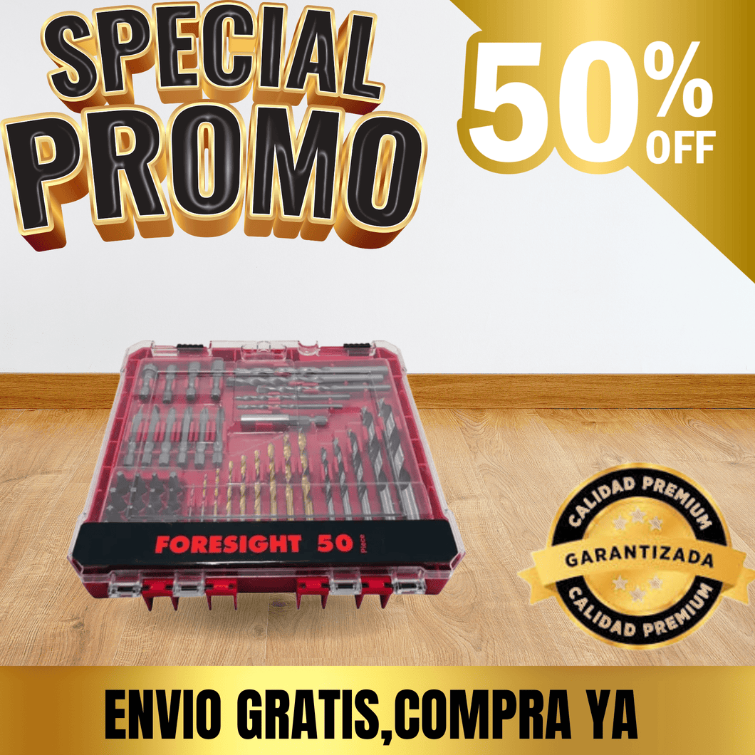 Set Foresight Completo de Brocas y Puntas para Taladro – 50 Piezas Multiusos | Perfora Madera, Metal y Concreto con Precisión Profesional